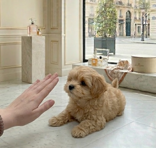 Famiglia svizzera con il proprio Maltipoo apricot in braccio